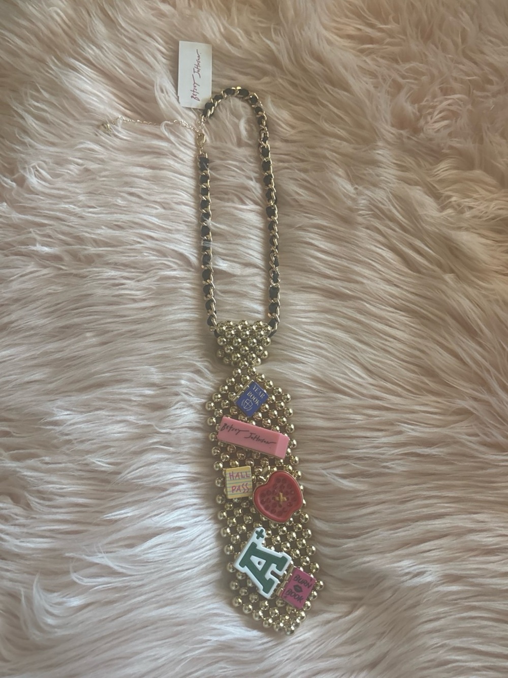 Betsey Johnson Gold-Tone Charm Necklace with Pink, Red, Blue, Black Accents